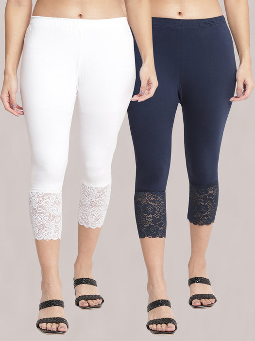 Women White Navy 100% cotton Lycra Net Capri