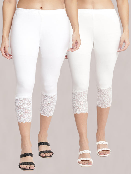 Women White Off white 100% cotton Lycra Net Capri