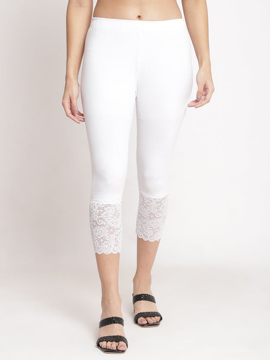 Women White 100% cotton Lycra Net Capri