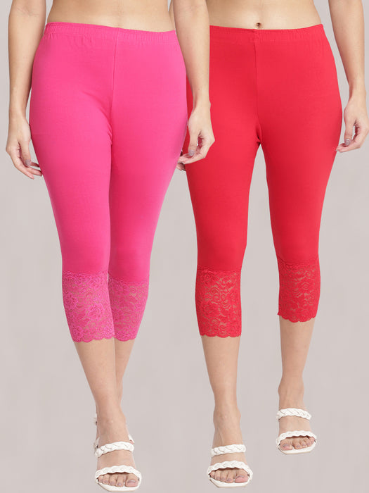 Women Red Rani 100% cotton Lycra Net Capri