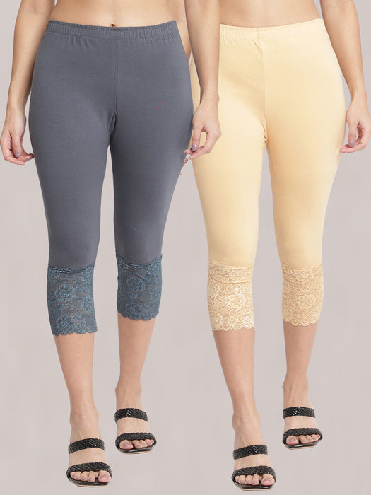 Women Grey Skin 100% cotton Lycra Net Capri