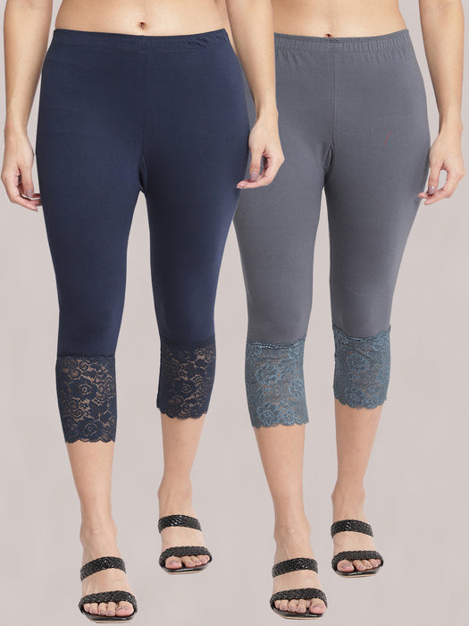 Women Grey Navy 100% cotton Lycra Net Capri