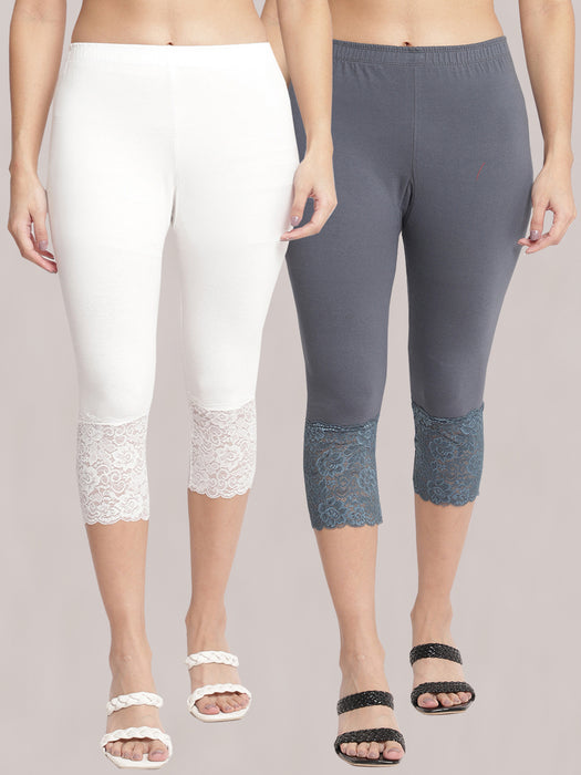 Women Grey Off white 100% cotton Lycra Net Capri