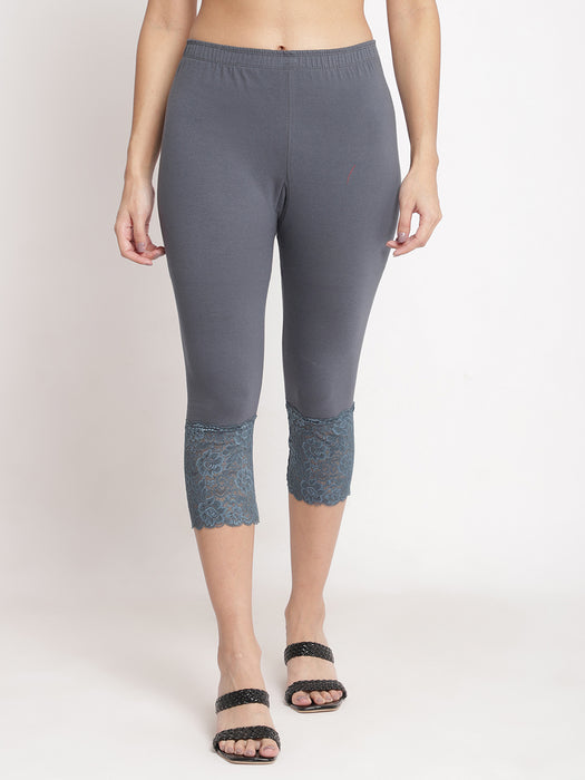Women Grey 100% cotton Lycra Net Capri