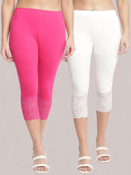 Women Rani Off white 100% cotton Lycra Net Capri