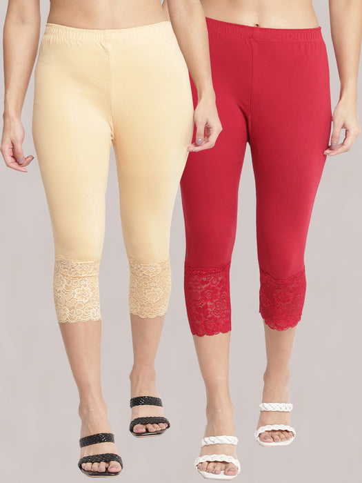 Women Skin Maroon 100% cotton Lycra Net Capri