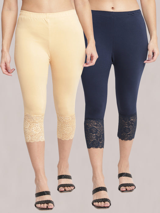 Women Skin Navy 100% cotton Lycra Net Capri