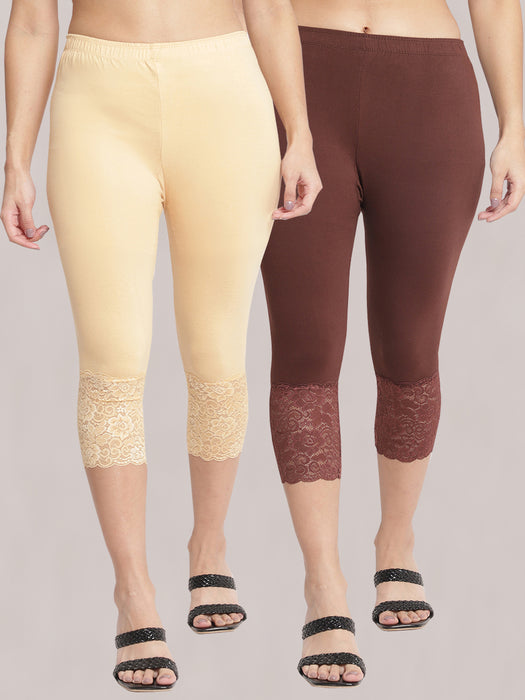 Women Skin Brown 100% cotton Lycra Net Capri