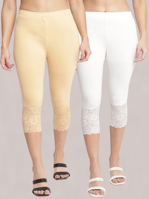 Women Skin Off white 100% cotton Lycra Net Capri