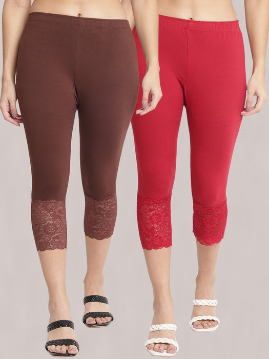 Women Maroon Brown 100% cotton Lycra Net Capri