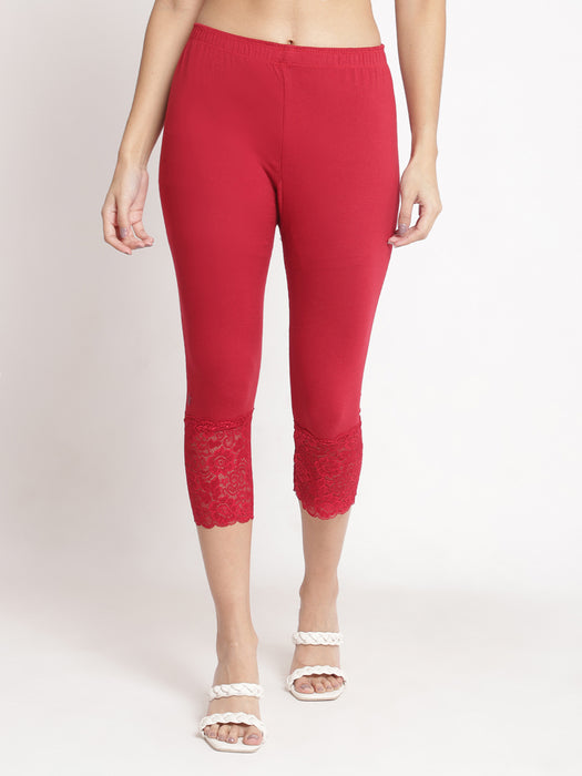 Women Maroon 100% cotton Lycra Net Capri