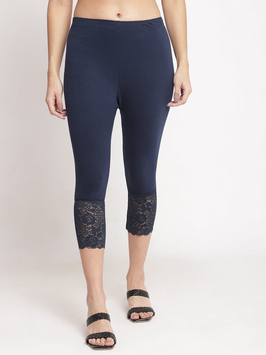 Women Navy 100% cotton Lycra Net Capri