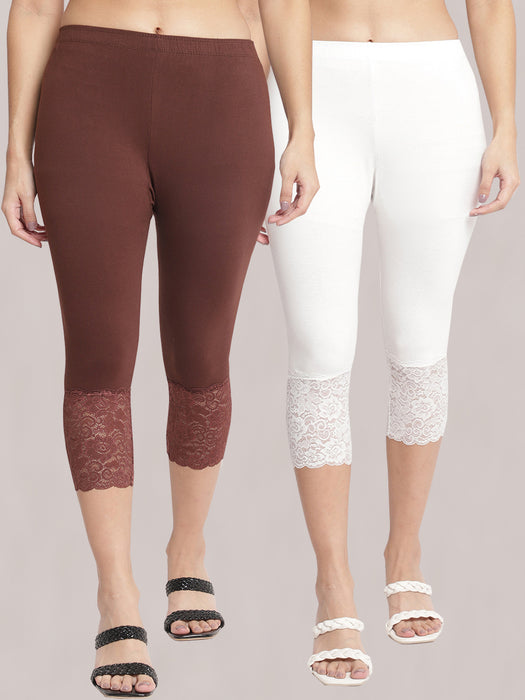 Women Brown Off white 100% cotton Lycra Net Capri