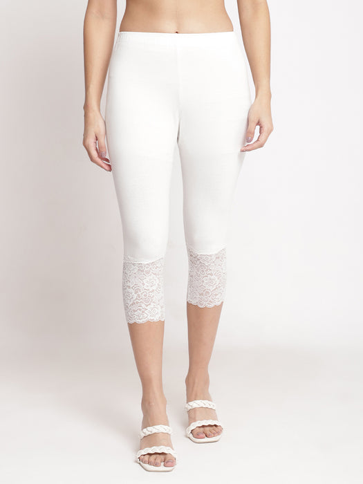 Women Off white 100% cotton Lycra Net Capri