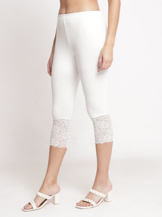 Women Off white 100% cotton Lycra Net Capri