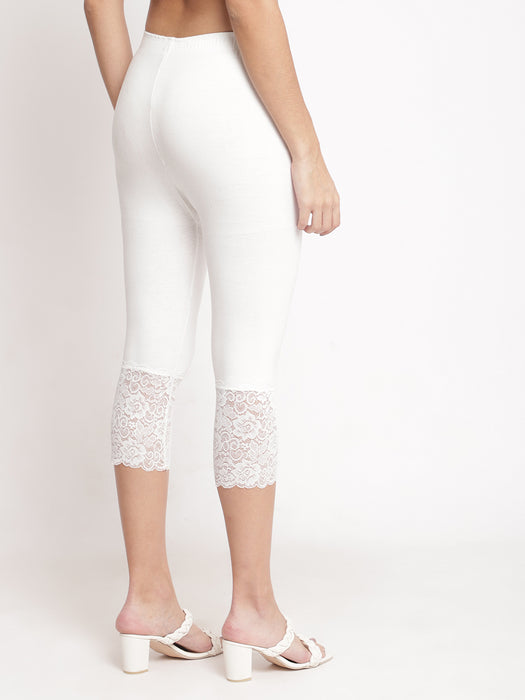 Women Off white 100% cotton Lycra Net Capri
