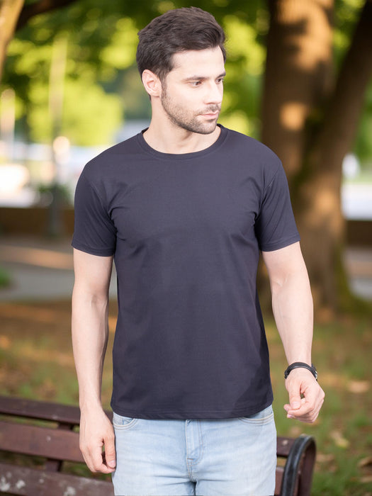 Men Navy Blue Short Sleeve Cotton Solid T-shirt