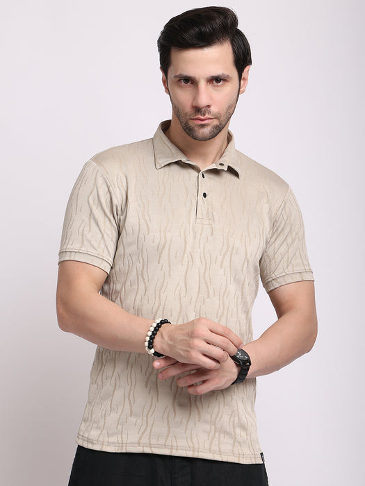 Men Light Beige Polyester Jacquard Classic polo collar with structured stitching T-shirt