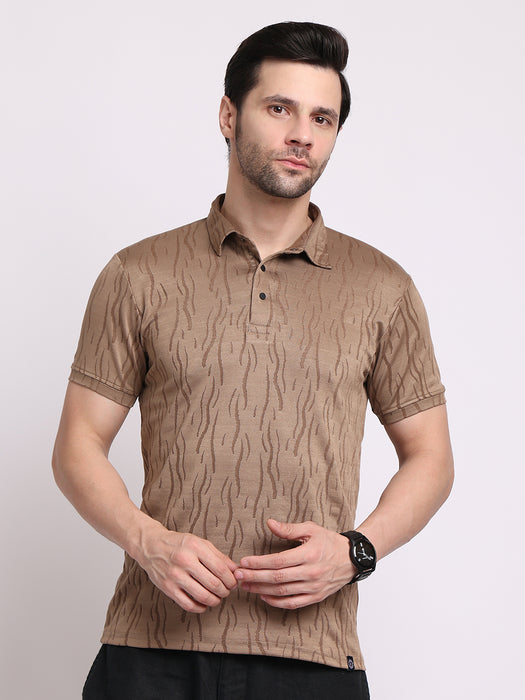 Men Dark Beige Polyester Jacquard Classic polo collar with structured stitching T-shirt