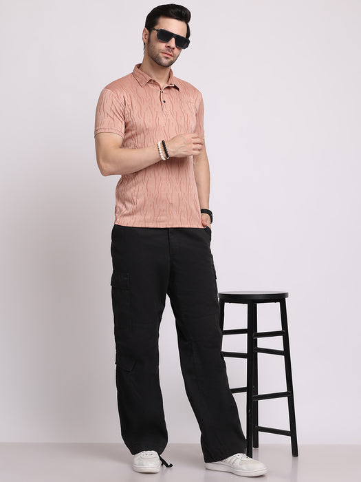 Men Peach Polyester Jacquard Classic polo collar with structured stitching T-shirt