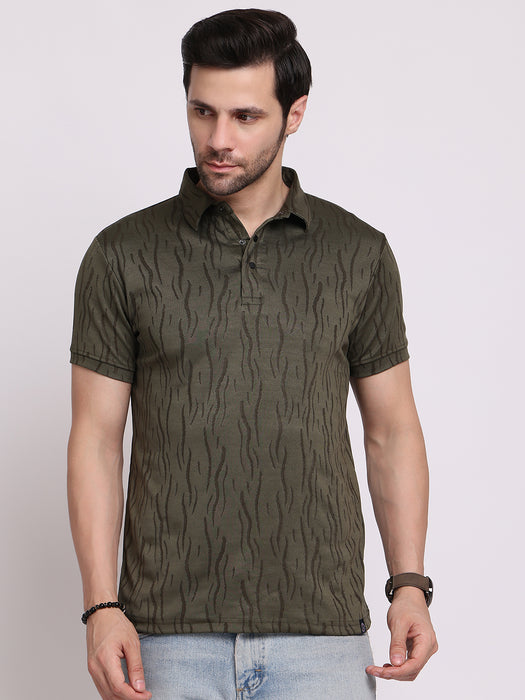 Men Olive Polyester Jacquard Classic polo collar with structured stitching T-shirt