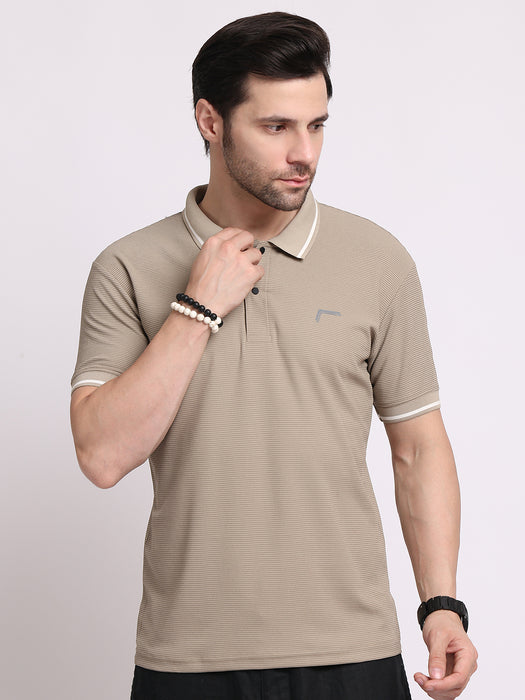 Men Beige Polyester Pin Stripe Classic polo collar with structured stitching T-shirt