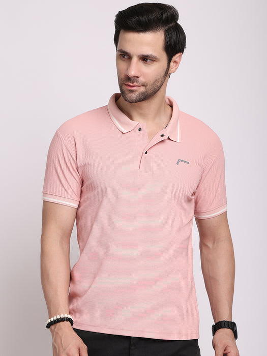 Men Pink Polyester Pin Stripe Classic polo collar with structured stitching T-shirt