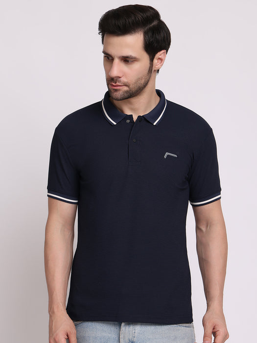 Men Navy Blue Polyester Pin Stripe Classic polo collar with structured stitching T-shirt