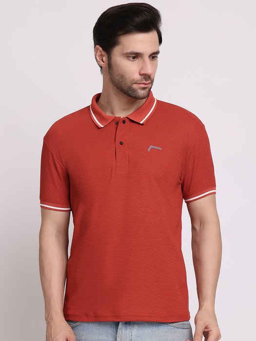 Men Brown Polyester Pin Stripe Classic polo collar with structured stitching T-shirt
