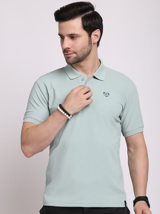 Men Grey Polyester Pin Stripe Classic polo collar with structured stitching T-shirt