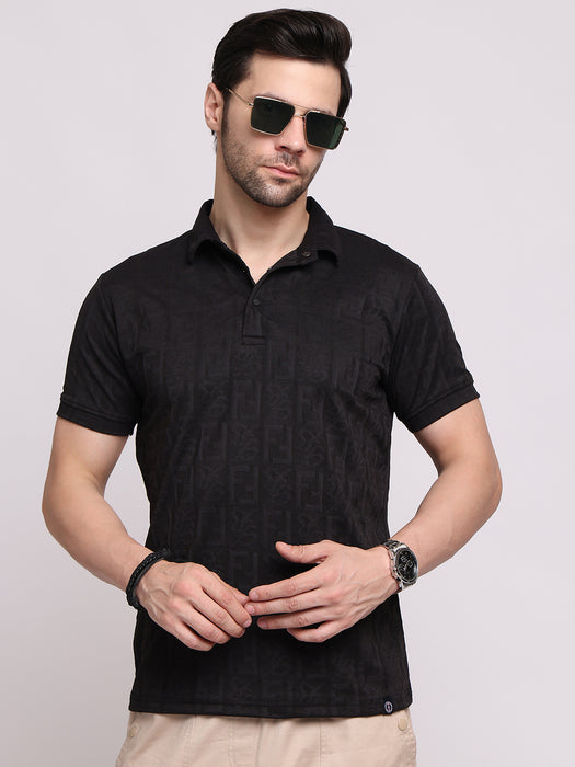 Men Black Polyester Jacquard Classic polo collar with structured stitching T-shirt