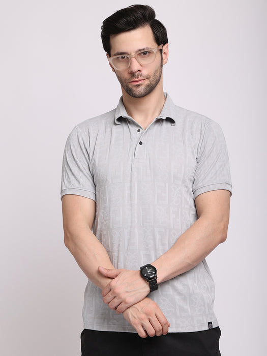 Men Grey Polyester Jacquard Classic polo collar with structured stitching T-shirt