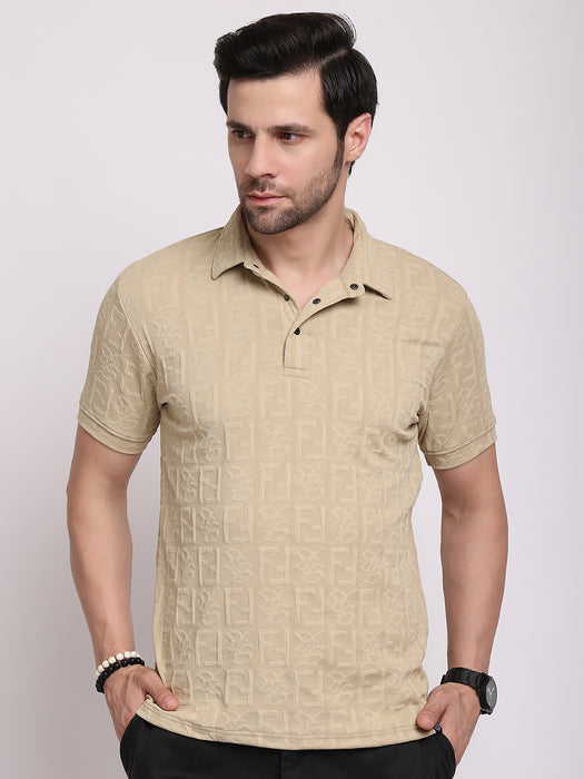 Men Beige Polyester Jacquard Classic polo collar with structured stitching T-shirt