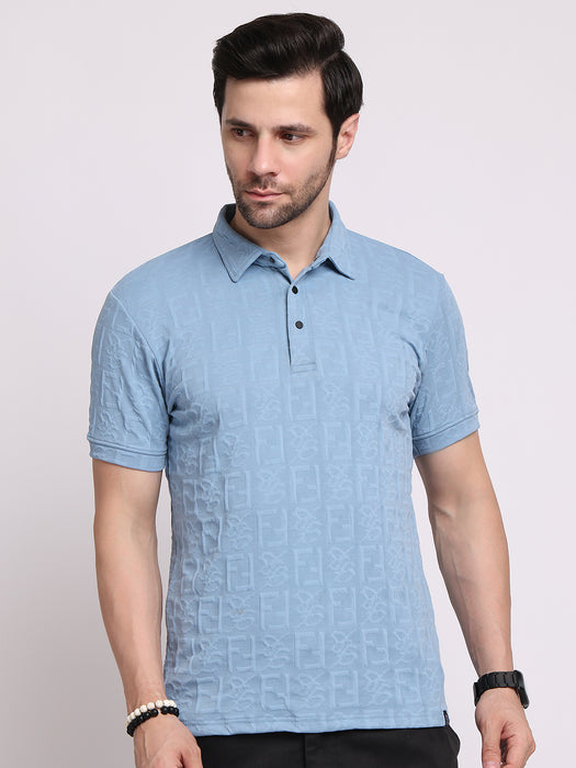 Men Turquoise Blue Polyester Jacquard Classic polo collar with structured stitching T-shirt