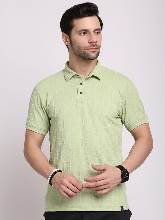 Men Sea Green Polyester Jacquard Classic polo collar with structured stitching T-shirt