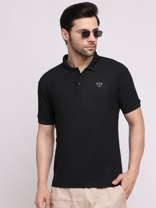 Men Black Cotton Polyester Classic polo collar with structured stitching T-shirt
