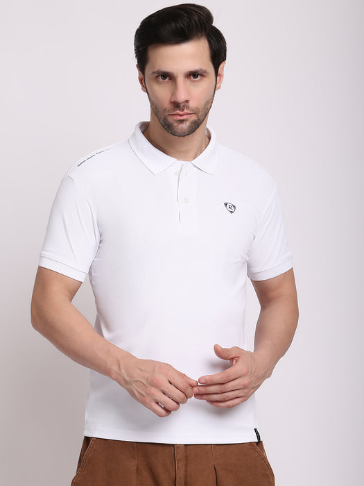 Men White Cotton Polyester Classic polo collar with structured stitching T-shirt