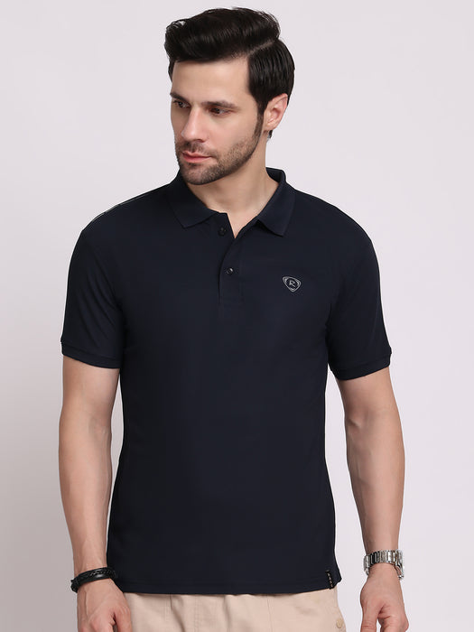 Men Navy Blue Cotton Polyester Classic polo collar with structured stitching T-shirt
