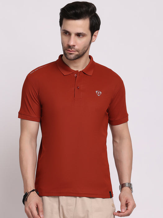 Men Orange Cotton Polyester Classic polo collar with structured stitching T-shirt