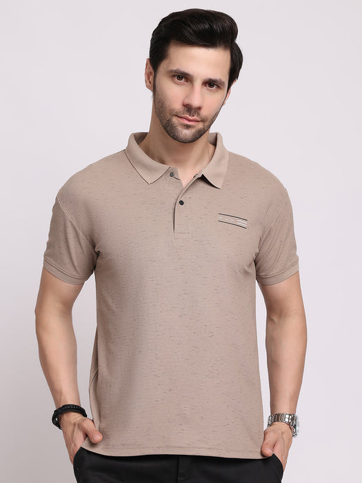 Men Beige Cotton Polyester Classic polo collar with structured stitching T-shirt