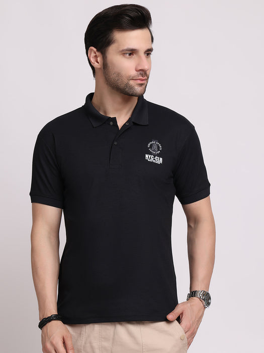 Men Black Cotton Polyester Classic polo collar with structured stitching T-shirt