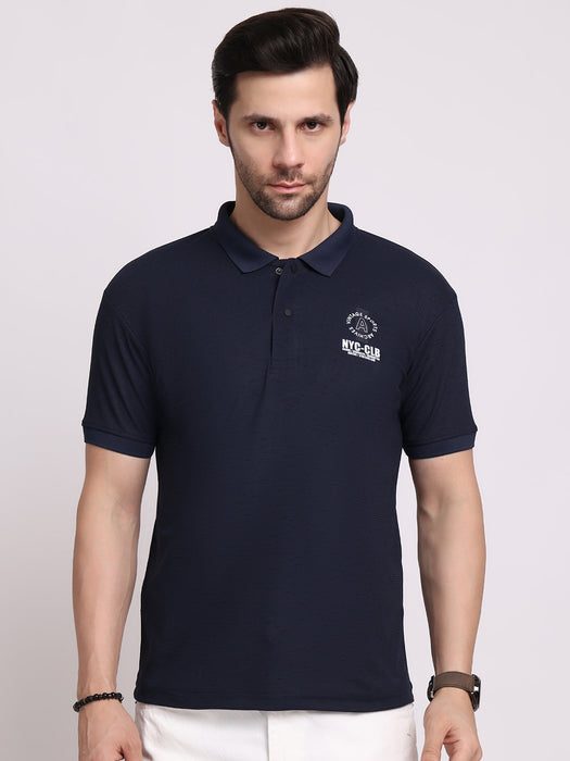 Men Navy Blue Cotton Polyester Classic polo collar with structured stitching T-shirt