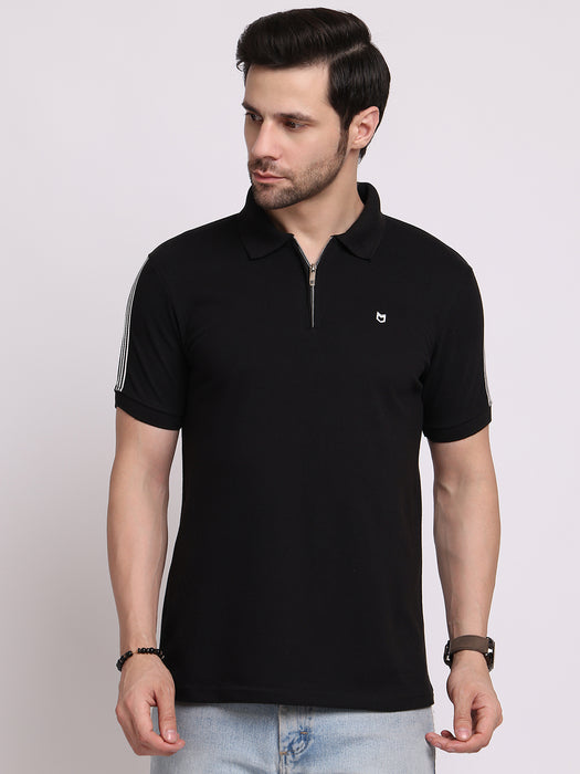Men Black Cotton Polyester Polo collar T-shirt