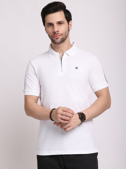 Men White Cotton Polyester Polo collar T-shirt