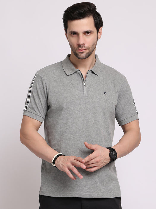 Men Grey Cotton Polyester Polo collar T-shirt