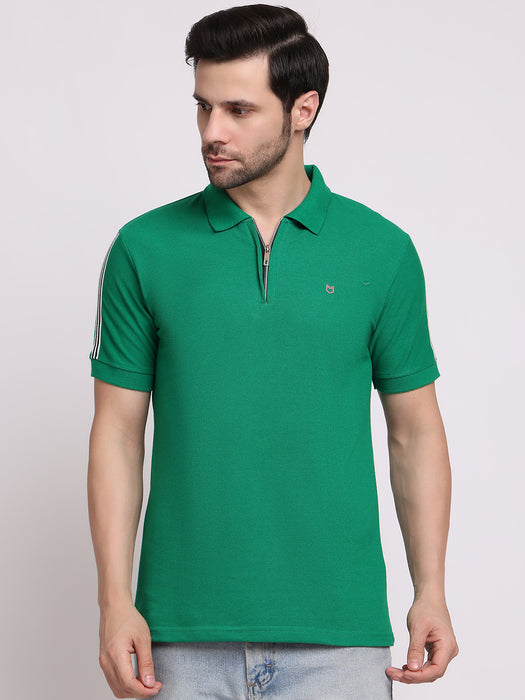 Men Green Cotton Polyester Polo collar T-shirt
