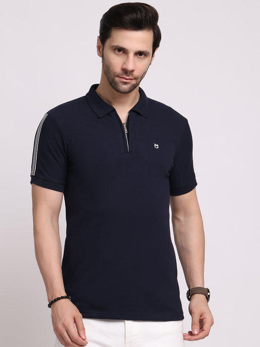 Men Navy Blue Cotton Polyester Polo collar T-shirt
