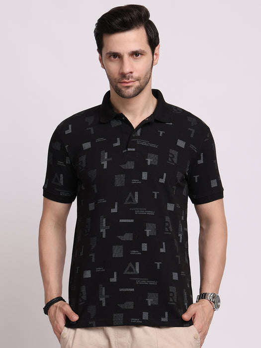Men Black Cotton Polyester Polo collar T-shirt