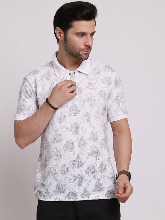Men White Cotton Polyester Polo collar T-shirt