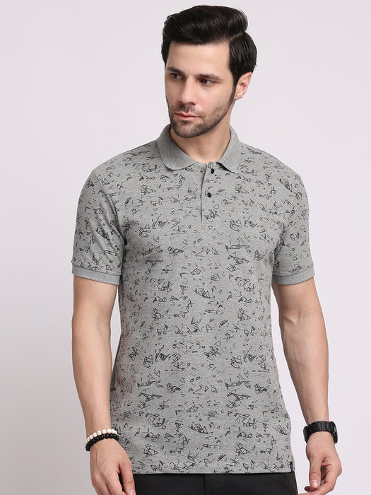 Men Grey Cotton Polyester Polo collar T-shirt